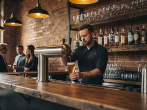 Bartender schenkt craft beer in elegant glas aan industriële bar met bakstenen muur en rustieke houten planken.