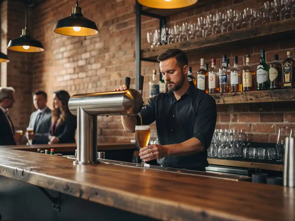 Bartender schenkt craft beer in elegant glas aan industriële bar met bakstenen muur en rustieke houten planken.