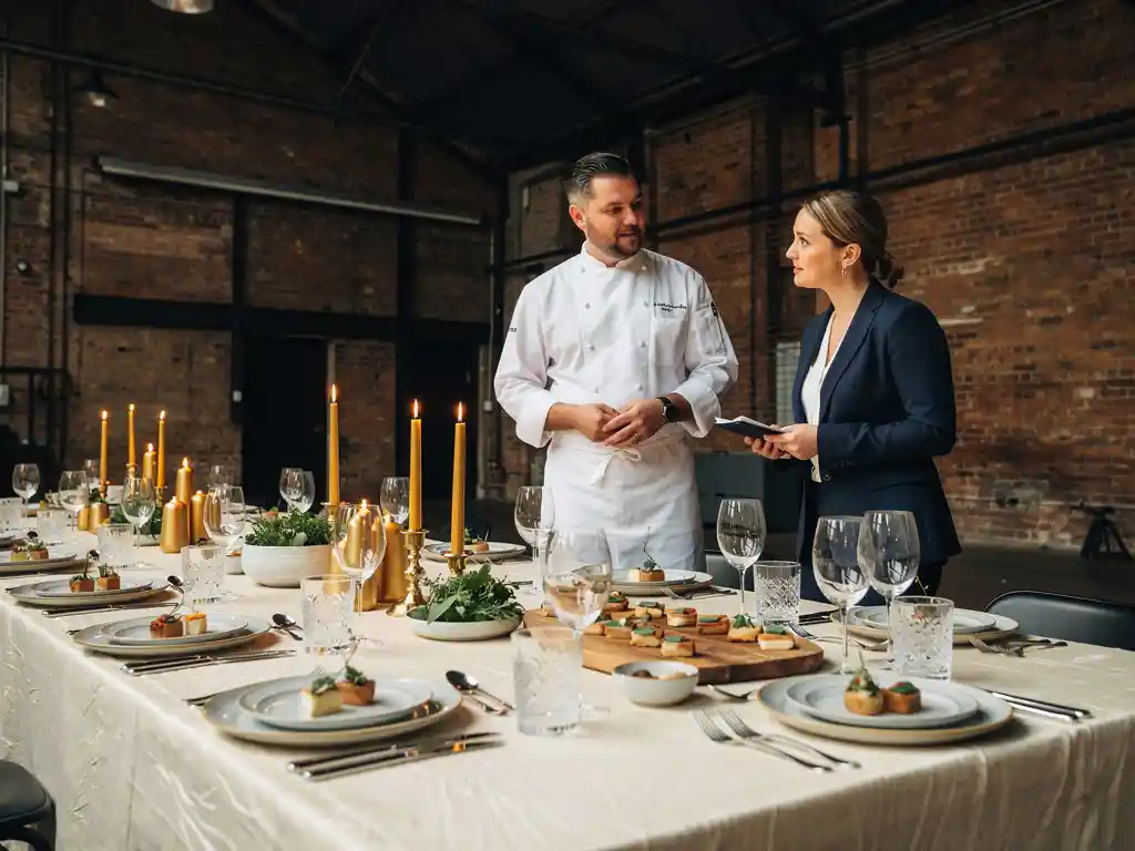 Chef en eventplanner overleggen bij een elegante banquettafel met glaswerk en hapjes in een industriële ruimte met bakstenen muren en kaarslicht.