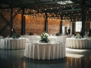 Industriële evenementenhal met bakstenen muren omgetoverd tot elegante bedrijfsruimte, ronde tafels met wit linnen en sfeervolle Edison-lampen.