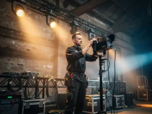 AV-technicus stelt professionele podiumverlichting af in industriële evenementenlocatie met bakstenen muren en warme amberkleurige spots.