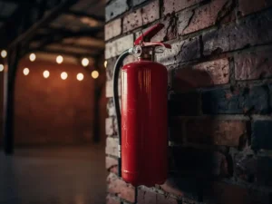 Rode brandblusser gemonteerd op verweerde industriële bakstenen muur in een evenementenhal met warm gloeilampenlicht op de achtergrond.