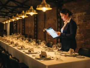 Cateringcoördinator bekijkt evenementtijdlijn op klembord naast feestelijk gedekte banquettafel in industriële zaal met warmgouden verlichting.