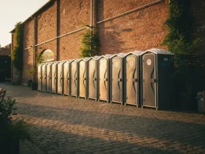 Rij nette draagbare toiletunits langs bakstenen industriële muur op buitenevenementenlocatie, gouden middaglicht op kinderkopjesbestrating.