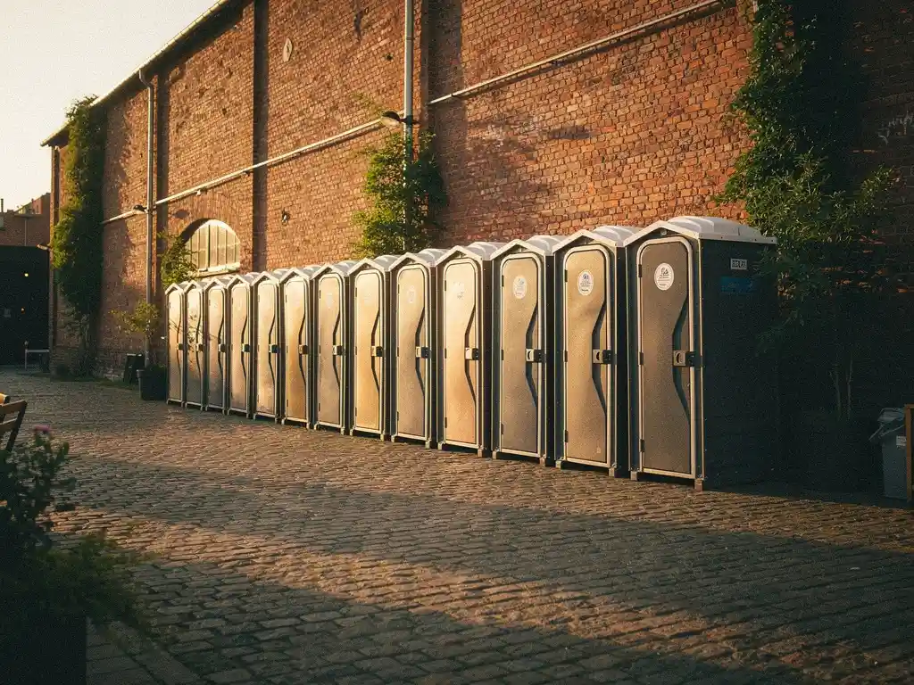 Rij nette draagbare toiletunits langs bakstenen industriële muur op buitenevenementenlocatie, gouden middaglicht op kinderkopjesbestrating.