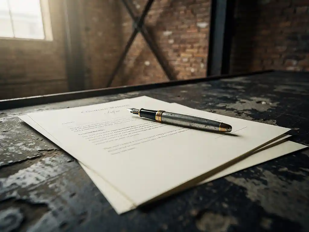 Formeel evenementencontract op betonnen ondergrond met vintage vulpen, warme industriële achtergrond met bakstenen muren en stalen balken.