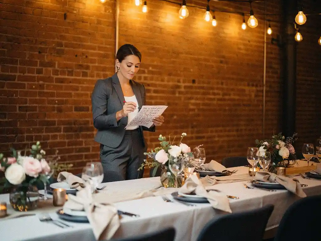 Eventcoördinator in nette kleding bekijkt aantekeningen bij een gedekte banquettafel met bloemen, linnen servetten en Edison-verlichting.