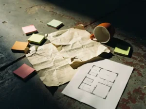 Verfrommeld evenementenplan en leverancierscontract op betonnen vloer, bedekt door omgevallen koffiekopje, met verspreide sticky notes.