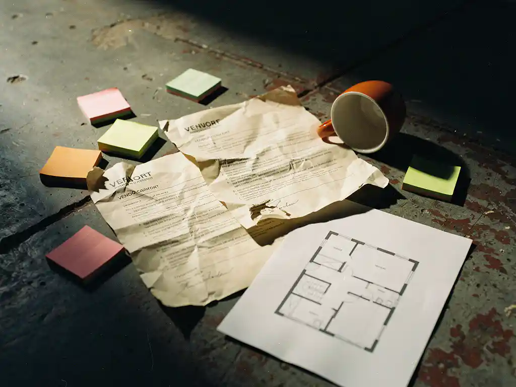 Verfrommeld evenementenplan en leverancierscontract op betonnen vloer, bedekt door omgevallen koffiekopje, met verspreide sticky notes.