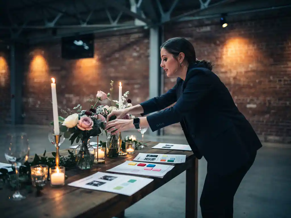 Eventcoördinator in blazer schikt tafeldecoraties in industriële zaal met bakstenen muren, stalen balken en warm amberkleurig licht.