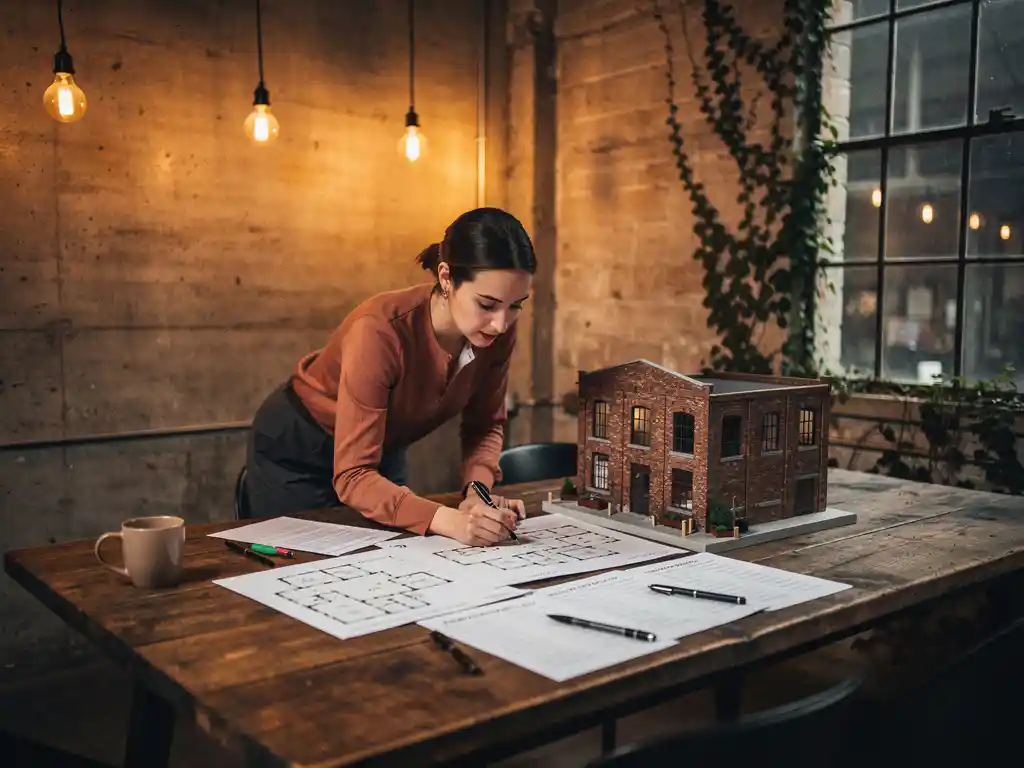Eventplanner buigt zich over rustieke houten tafel met plattegronden, cateringmenu's en architectuurmodel van industrieel bakstenen pand.