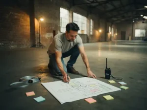 Eventplanner hurkt op betonvloer in bakstenen pakhuis en bestudeert handgetekende plattegrond met meetlint en sticky notes.