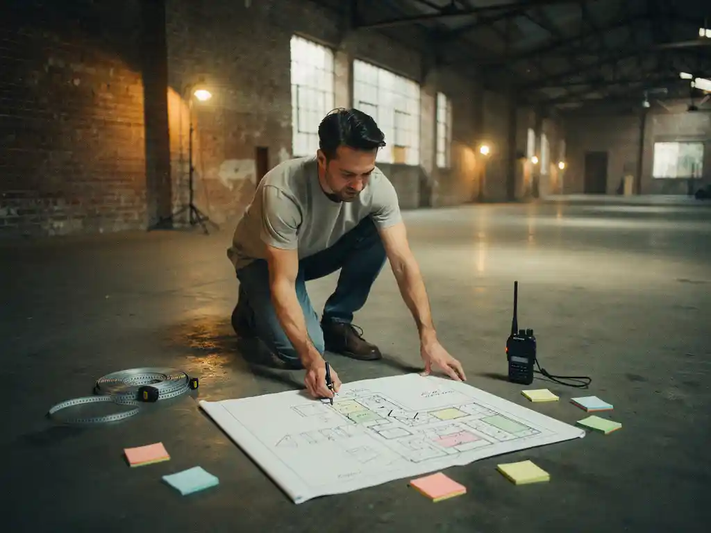 Eventplanner hurkt op betonvloer in bakstenen pakhuis en bestudeert handgetekende plattegrond met meetlint en sticky notes.