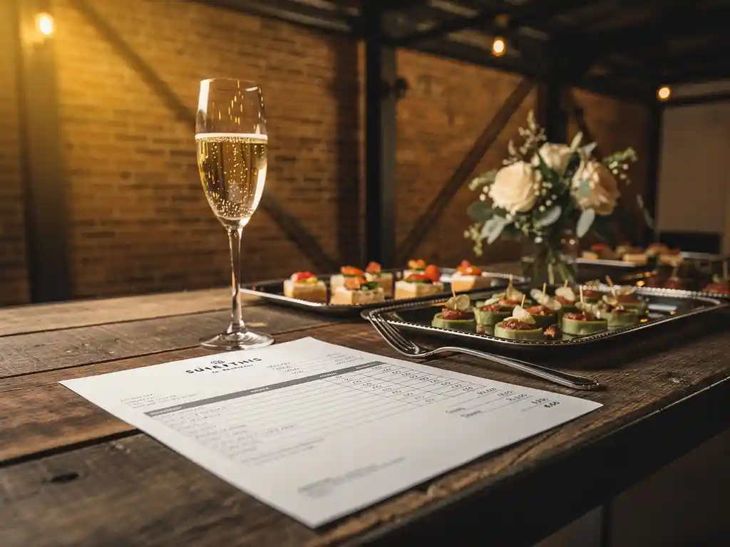 Gedetailleerde evenementfactuur op rustiek industrieel bureau naast champagneglas, cateringschalen en bloemstuk in stijlvolle locatie.