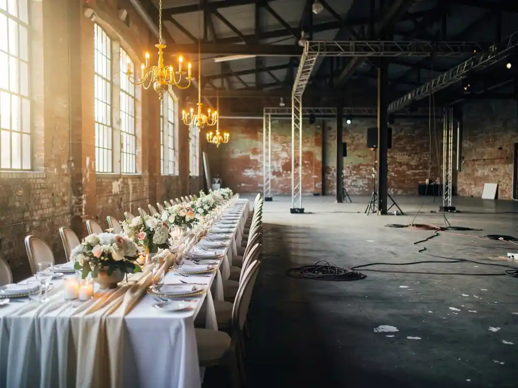 Gedekte banquettafel met bloemstukken en linnen in een industriële bakstenen zaal met stalen balken en amberkleurige kroonluchters.