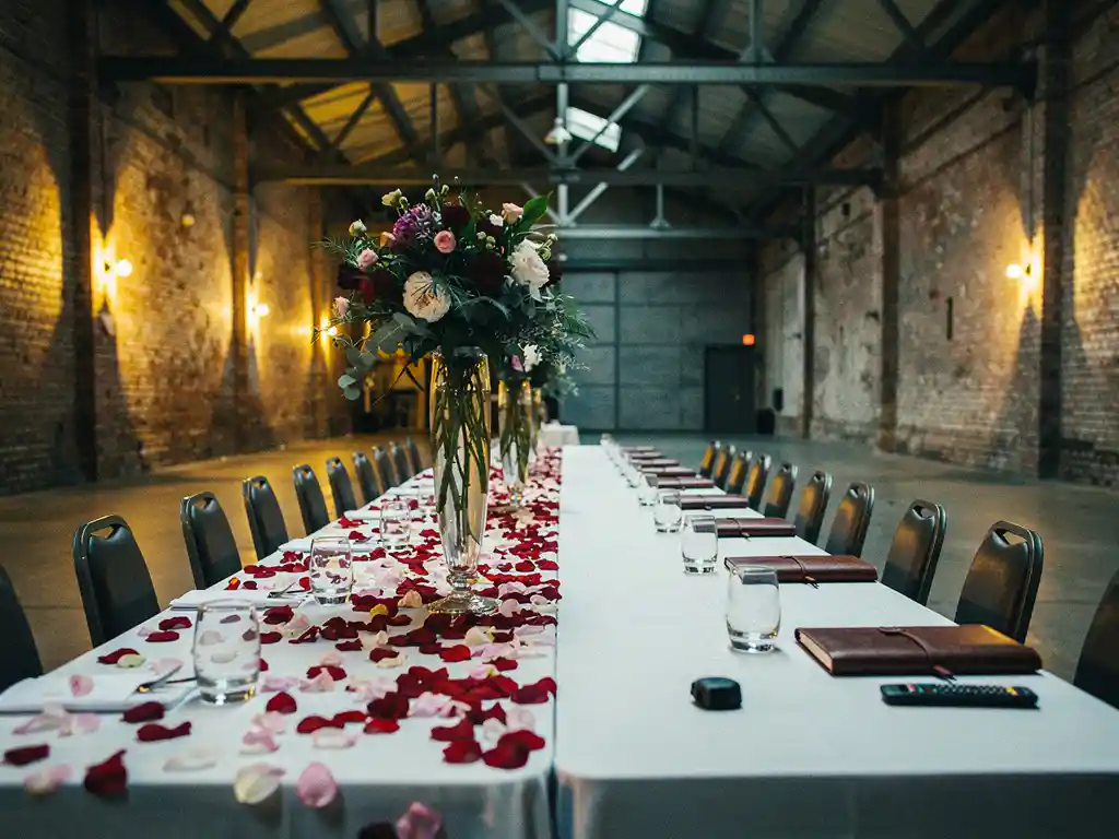 Lange feesttafel in industriële bakstenen zaal, half gedekt met wit linnen en rozenblaadjes, half ingericht als vergadering met notitieboekjes en projector.