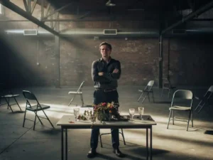 Gefrustreerde eventplanner in verlaten industriële zaal met lege stoelen, verwelkt bloemstuk en dramatische zijverlichting.