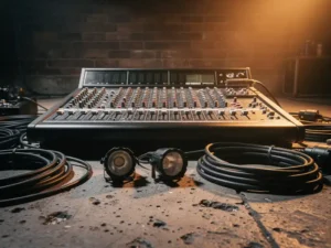 Professionele audiomixconsole met grote faders, omringd door speakerkabels en podiumverlichting op betonnen vloer, verlicht door warm amberkleurig licht.