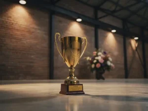 Glanzende gouden trofee op betonnen vloer in industriële feestzaal met bakstenen muren en warme amberverlichting.
