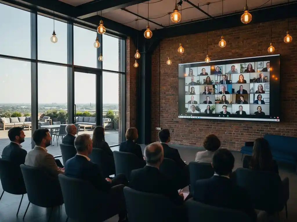 Conferentieruimte met industriële ramen, aanwezige deelnemers en groot scherm met live remote publiek tijdens hybride evenement.