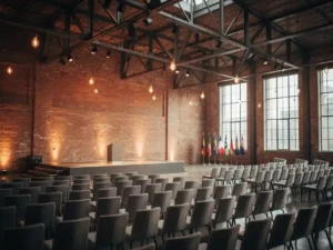 Industriële congreshal met bakstenen muren, stalen balken en rijen conferentiestoelen voor een podium, verlicht door Edison-lampen en hoge fabrieksramen.