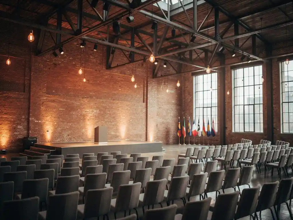 Industriële congreshal met bakstenen muren, stalen balken en rijen conferentiestoelen voor een podium, verlicht door Edison-lampen en hoge fabrieksramen.
