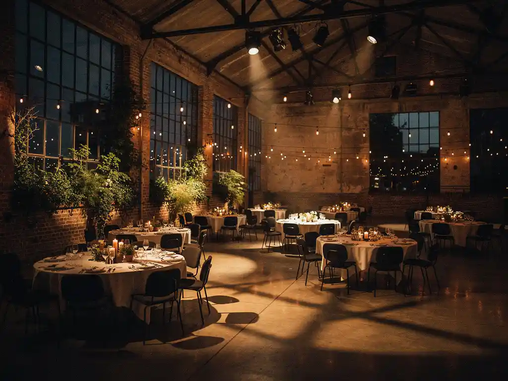Industriële evenementenlocatie in Nederland met ronde galadiner tafels, sfeerlichten en groen in een bakstenen pakhuis.