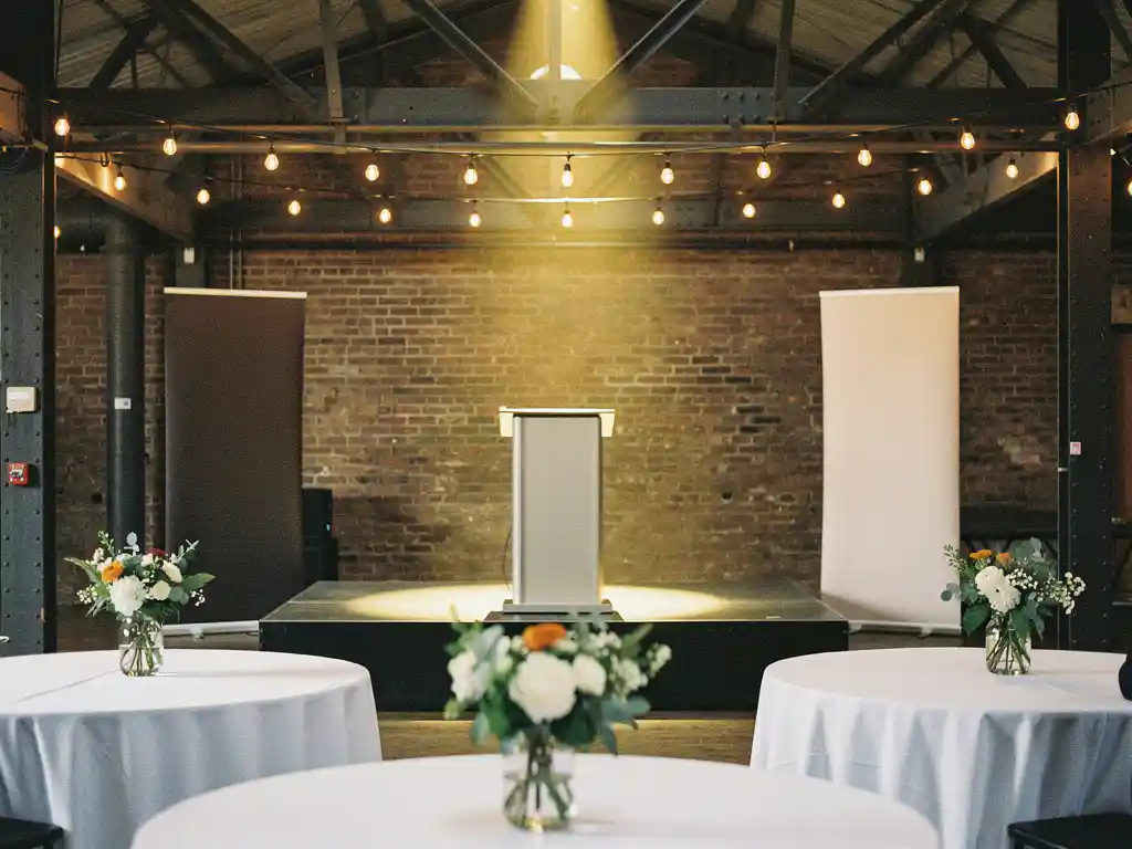 Zakelijke presentatieopstelling in industriële ruimte met branded banners, podium, Edison-lampjes en bloemen op linnen tafels.