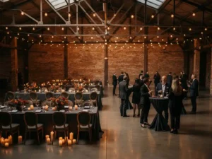 Industriële evenementenhal met kaarslicht diner en netwerkreceptie, bakstenen muren, stalen balken en warme Edison-lampen.