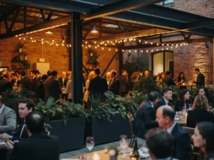 Drukbezocht industrieel evenement met gasten op verlicht terras, slingerverlichting, bakstenen muren en stalen balken op de achtergrond.