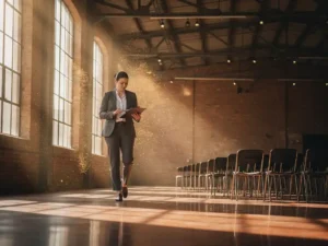Eventcoördinator met klembord inspecteert industriële feestzaal met bakstenen muren, stalen balken en warm middaglicht.