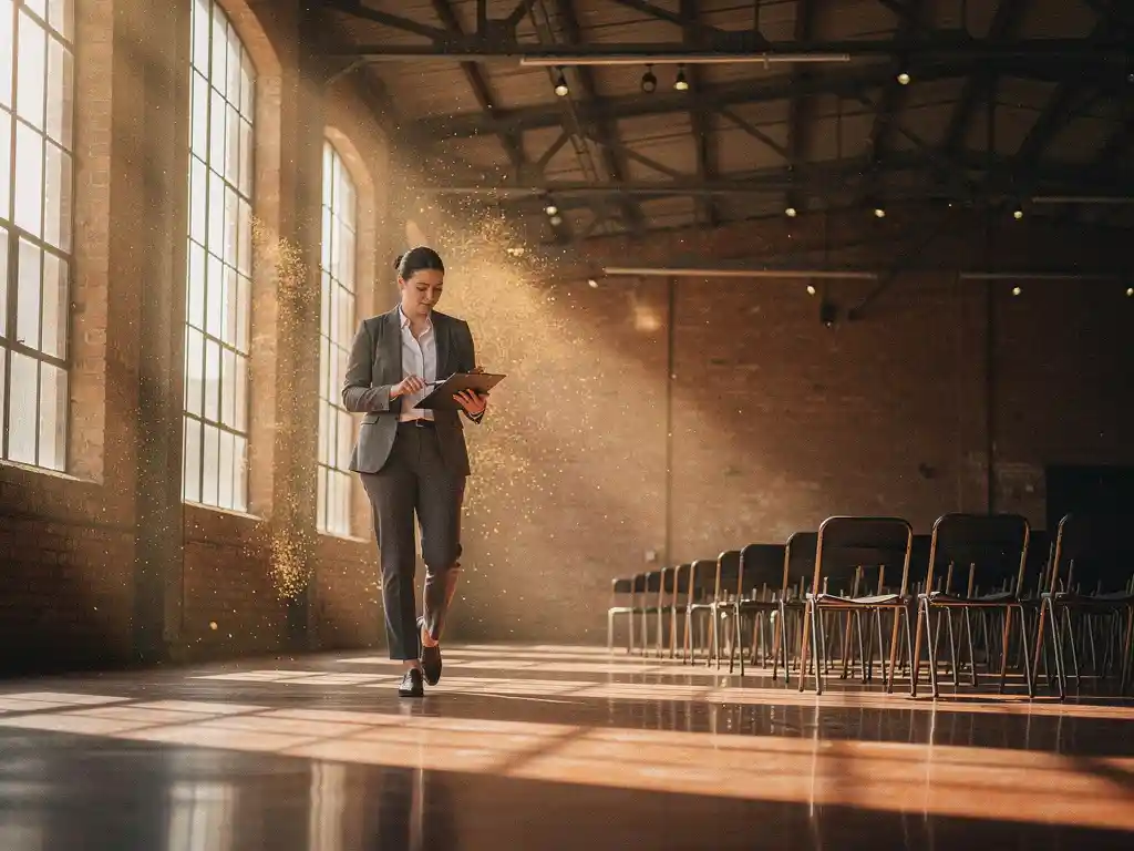 Eventcoördinator met klembord inspecteert industriële feestzaal met bakstenen muren, stalen balken en warm middaglicht.