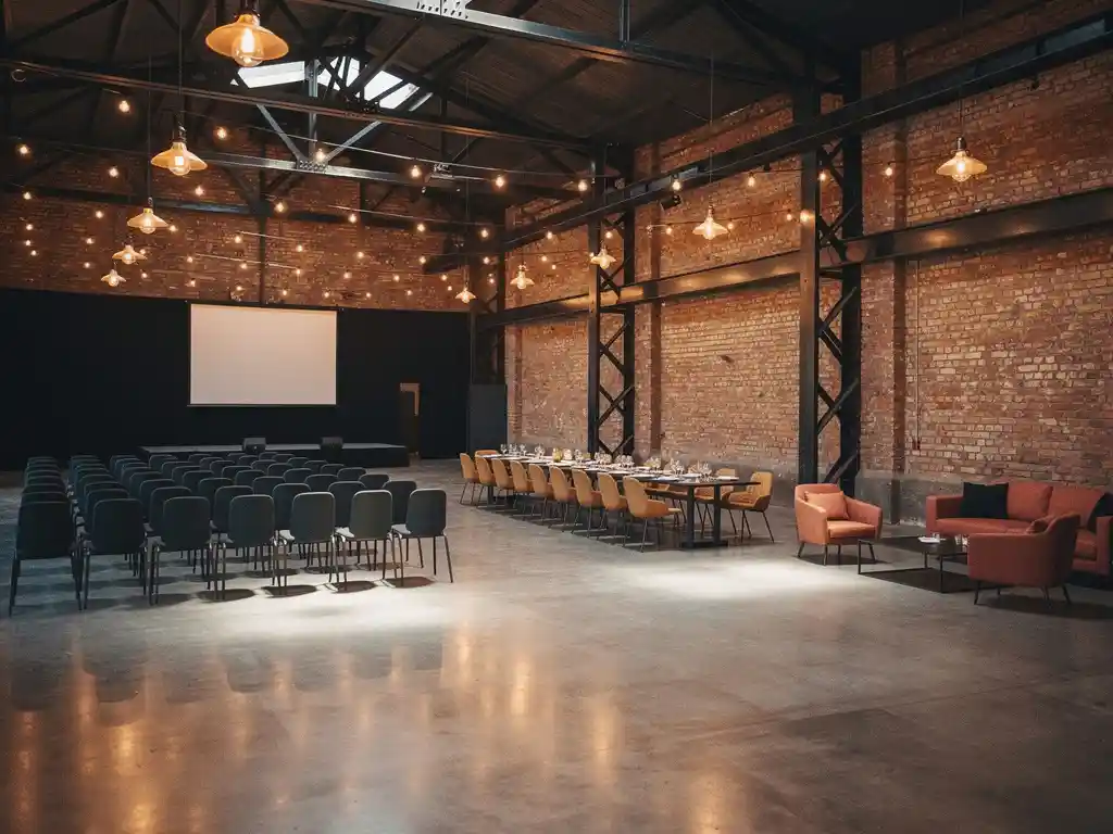 Industriële evenementenhal met bakstenen muren, stalen balken en vloeiende zones voor conferentie, dining en lounge onder warm Edison-verlichting.