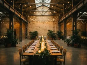 Industriële evenementenhal met bakstenen muren en stalen balken, omgetoverd tot elegante feestlocatie met Edison-lampjes en kaarsen.