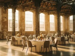 Elegant evenementenlocatie in industrieel erfgoedpand met bakstenen muren, gietijzeren kolommen en ronde tafels met wit linnen onder originele dakspanten.