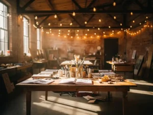 Industriële loftwerkruimte met bakstenen muren, stalen balken en houten tafels vol schetsboeken, kwasten en knutselmaterialen in warm Edisongloeilampenlicht.