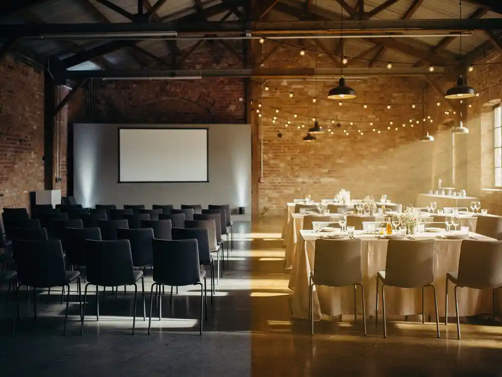 Industriële evenementenruimte met blootgestelde bakstenen muren, half ingericht als vergaderzaal, half als feestlocatie met sfeerverlichting.