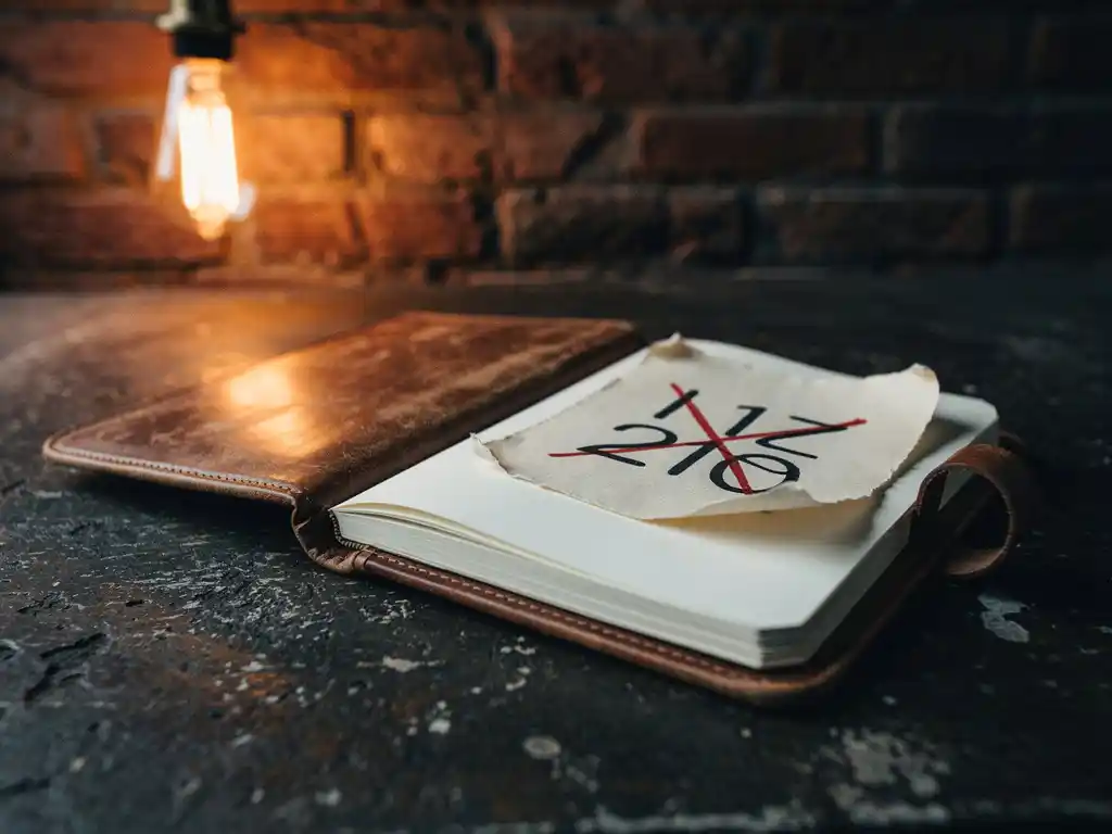 Opengeslagen leren agenda op betonnen tafel met doorgekruiste kalenderdatum, warme Edison-verlichting en bakstenen muur op de achtergrond.