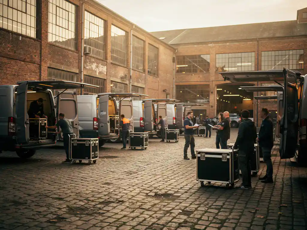 Cateringtrucks en bestelwagens uitgeladen op een industrieel binnenplein bij een bakstenen magazijnlocatie tijdens evenementopbouw.