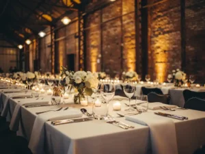 Elegante gala-diner tafel met witte linnen en bloemstukken in een industrieel bakstenen pakhuis met kaarslicht.