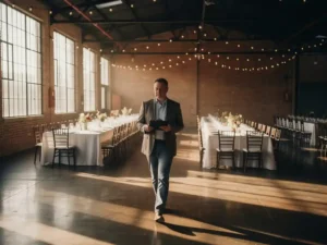 Locatiemanager met klembord in industriële evenementenhal met elegante tafels, slingerverlichting en bakstenen muren.