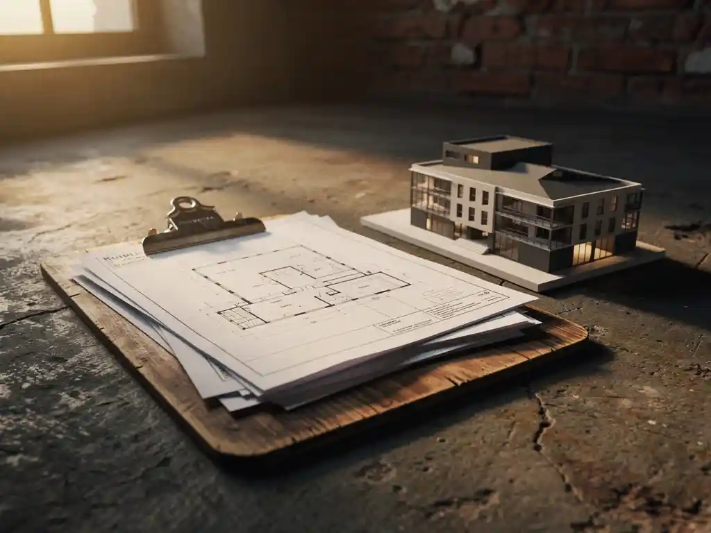 Versleten houten klembord met plattegronden en handgeschreven notities naast een architectuurmaquette op betonnen ondergrond.