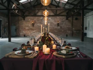 Artisanale cateringspread met gloeiende kaarsen op een banquettafel in een industriële evenementenlocatie met bakstenen muren en Edison-verlichting.