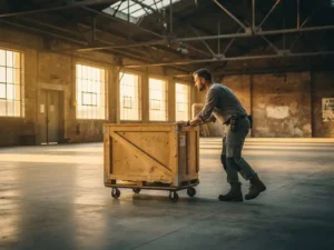 Stagehand die een zware houten apparatuurkist over een industriële magazijnvloer begeleidt, gouden ochtendlicht door hoge fabrieksramen.