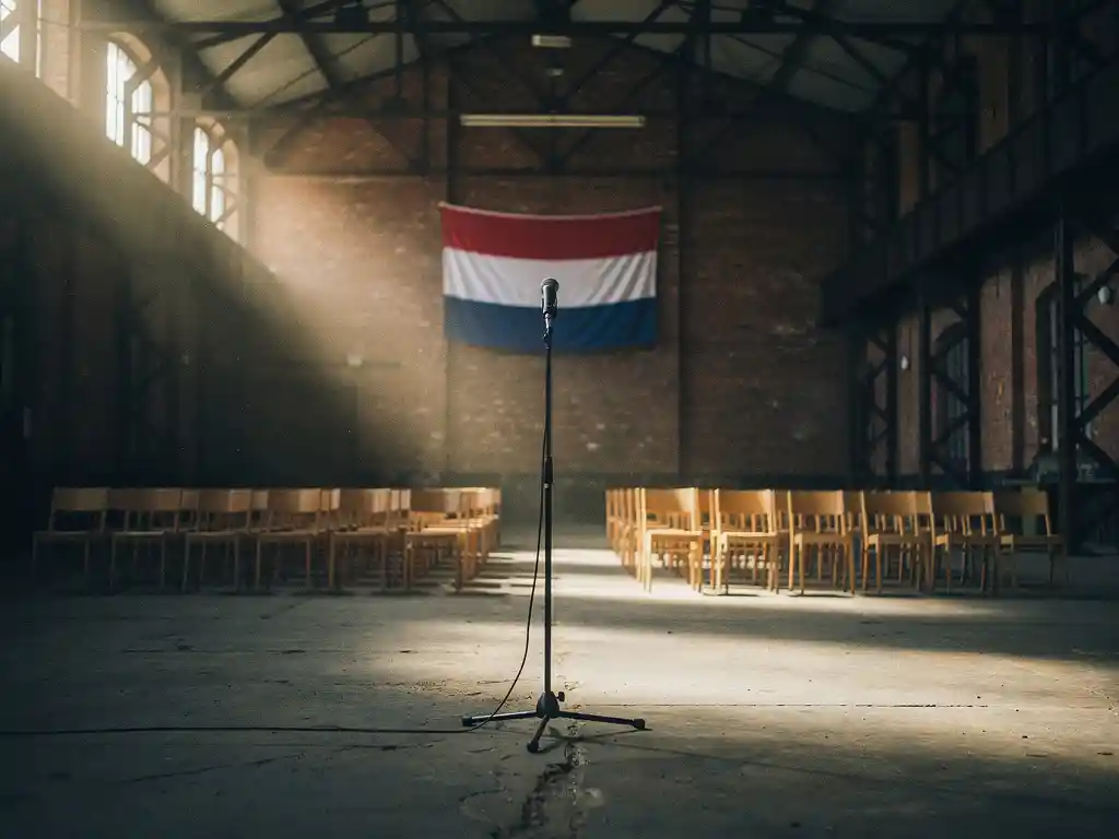 Podiumsmicrofoon in industriële zaal met bakstenen muren, lege houten stoelen en Nederlandse vlag op de achtergrond.