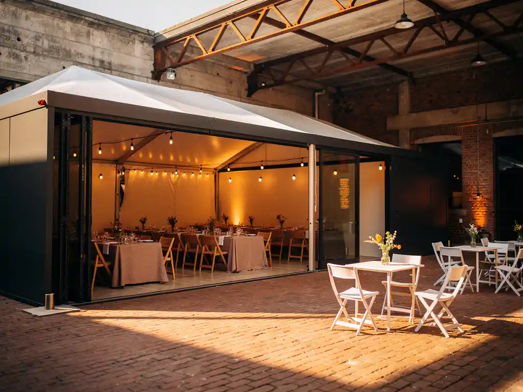 Moderne evenementenhal met Edison-verlichting en elegante tafels naast een rustieke pop-uptent op bakstenen binnenplaats in gouden middaglicht.