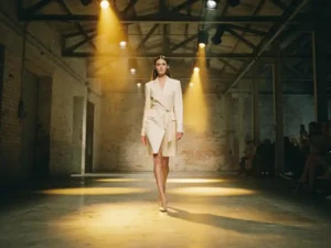Model loopt over catwalk in industriële hal met bakstenen muren, stalen balken en gouden spotlights op betonnen vloer.