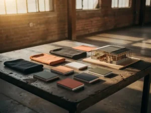 Merkstemmingsbord met stoffenstalen, kleurenkaarten en architectuurmodel op verweerd beton in een bakstenen pakhuis, warm amberkleurig licht.