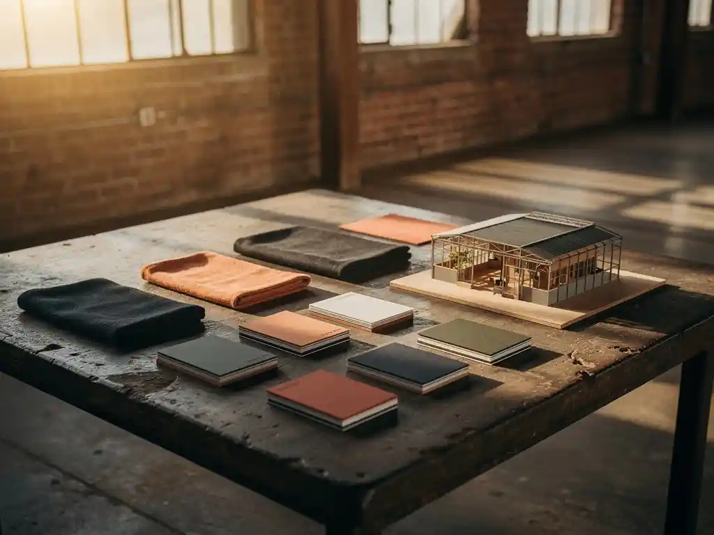 Merkstemmingsbord met stoffenstalen, kleurenkaarten en architectuurmodel op verweerd beton in een bakstenen pakhuis, warm amberkleurig licht.