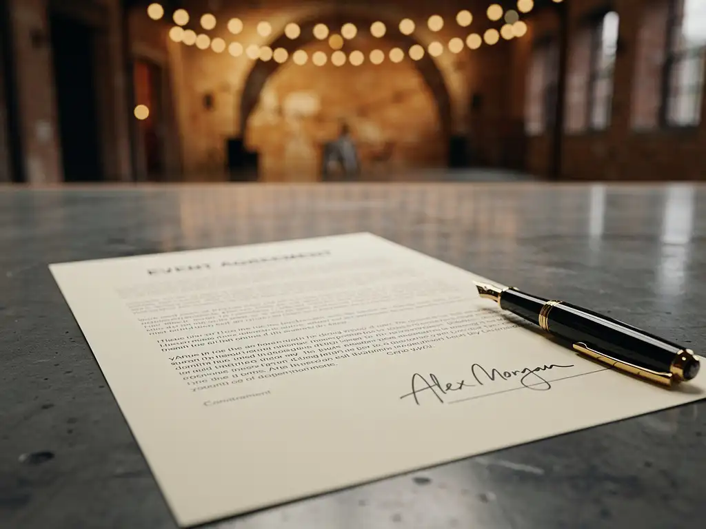 Ondertekend evenementencontract op betonnen ondergrond met vulpen, warme bokeh van industriële bakstenen feestzaal op achtergrond.